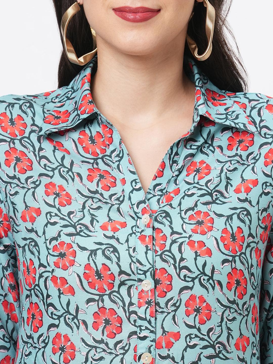 Hashtag Be featuring a teal floral printed long shirt dress in regular fit