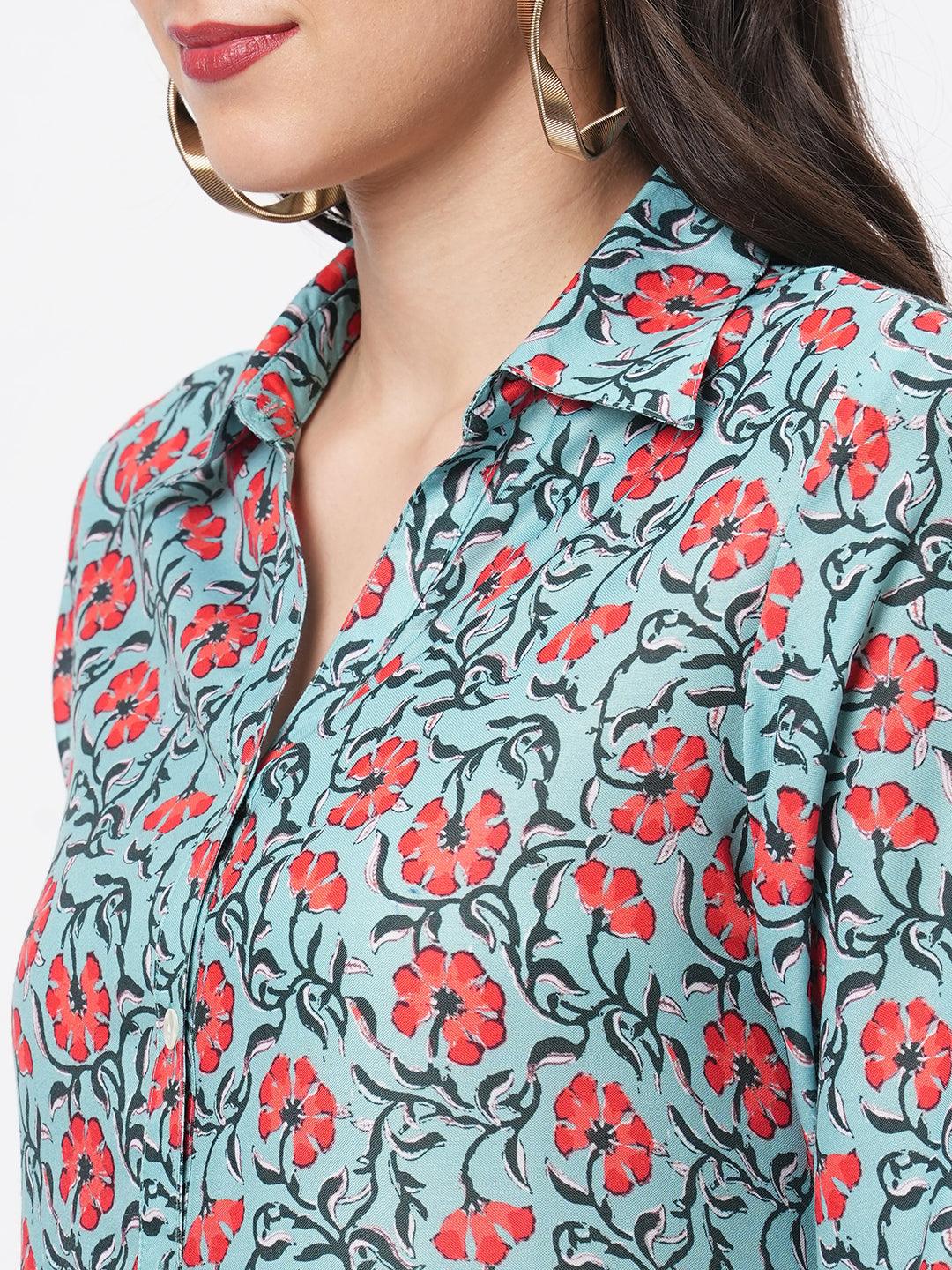 Hashtag Be featuring a teal floral printed long shirt dress in regular fit