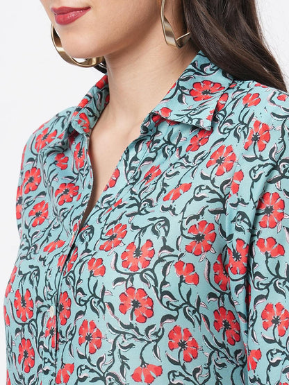 Hashtag Be featuring a teal floral printed long shirt dress in regular fit