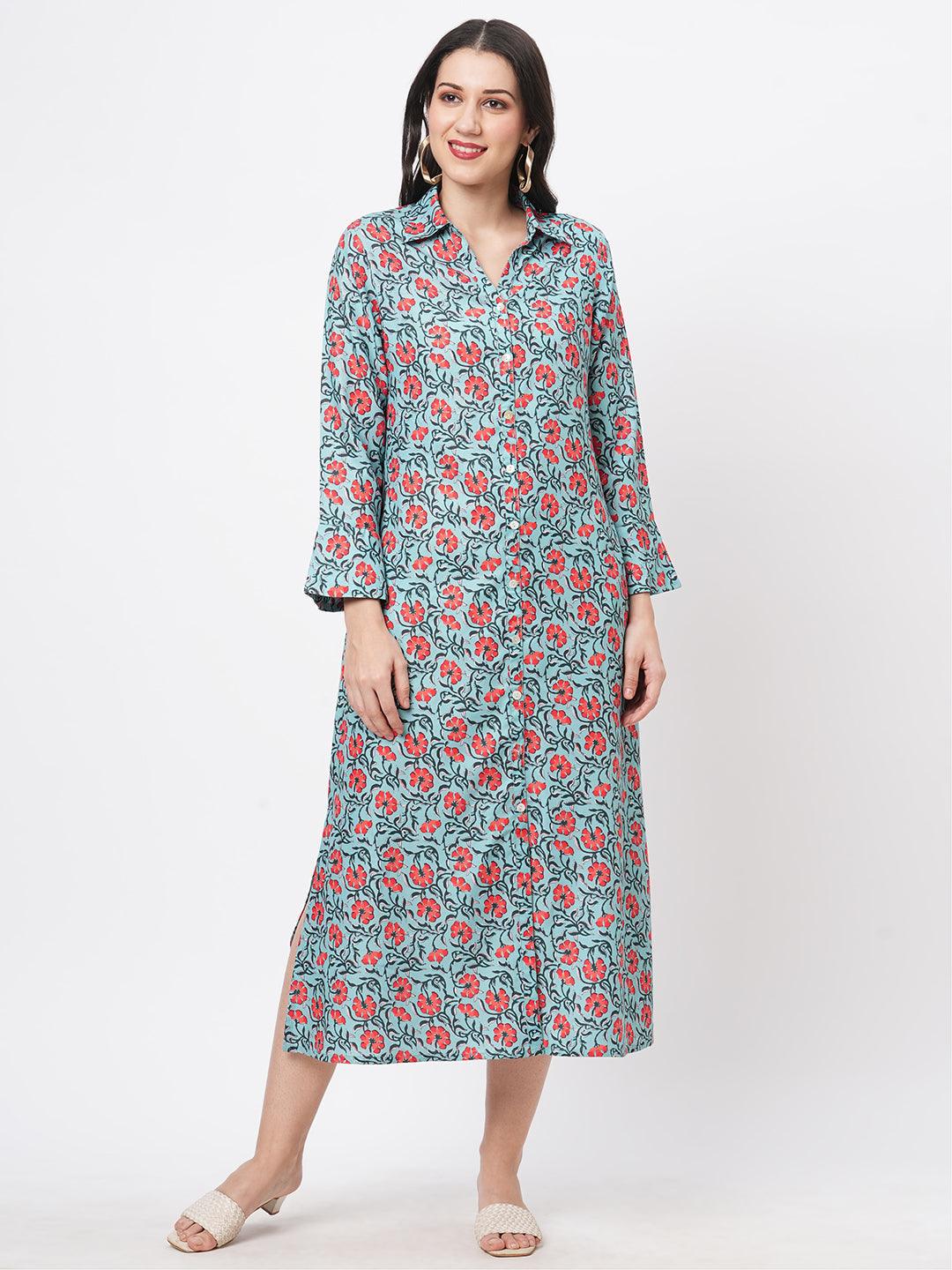 Hashtag Be featuring a teal floral printed long shirt dress in regular fit