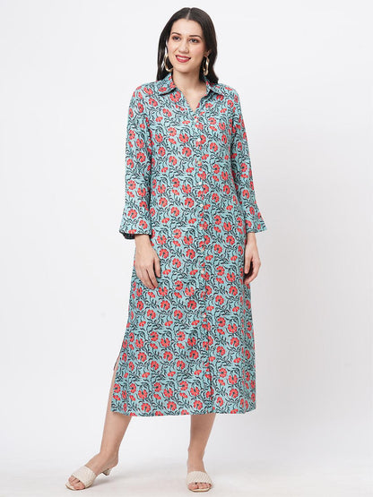 Hashtag Be featuring a teal floral printed long shirt dress in regular fit