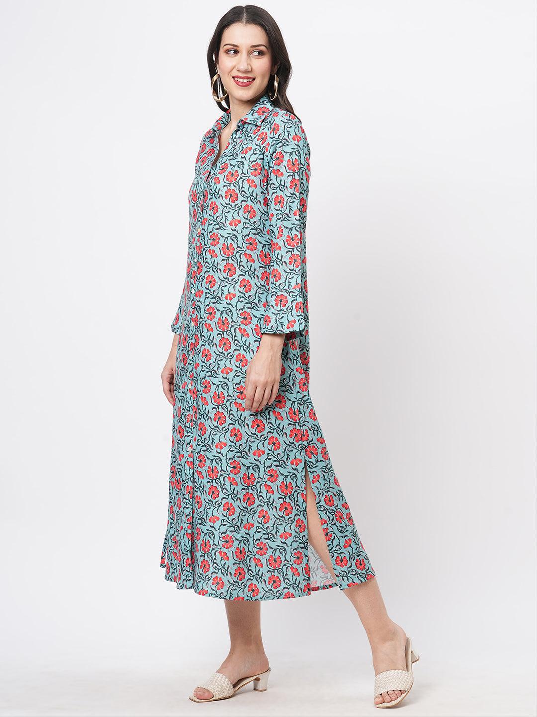 Hashtag Be featuring a teal floral printed long shirt dress in regular fit