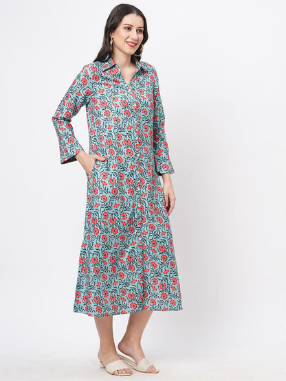Hashtag Be featuring a teal floral printed long shirt dress in regular fit