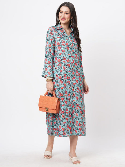 Hashtag Be featuring a teal floral printed long shirt dress in regular fit