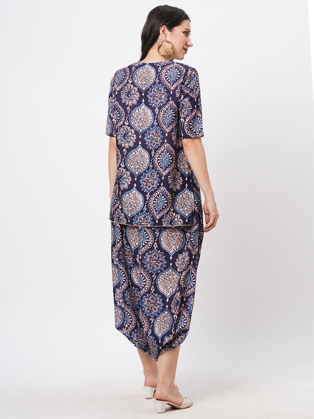 Hashtag Be Featuring a printed kurti set with stylised dhoti with slit