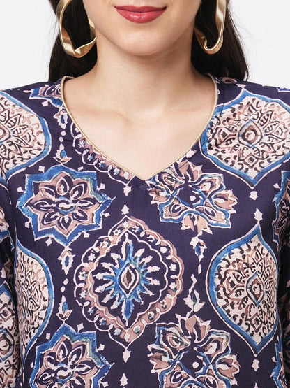 Hashtag Be Featuring a printed kurti set with stylised dhoti with slit
