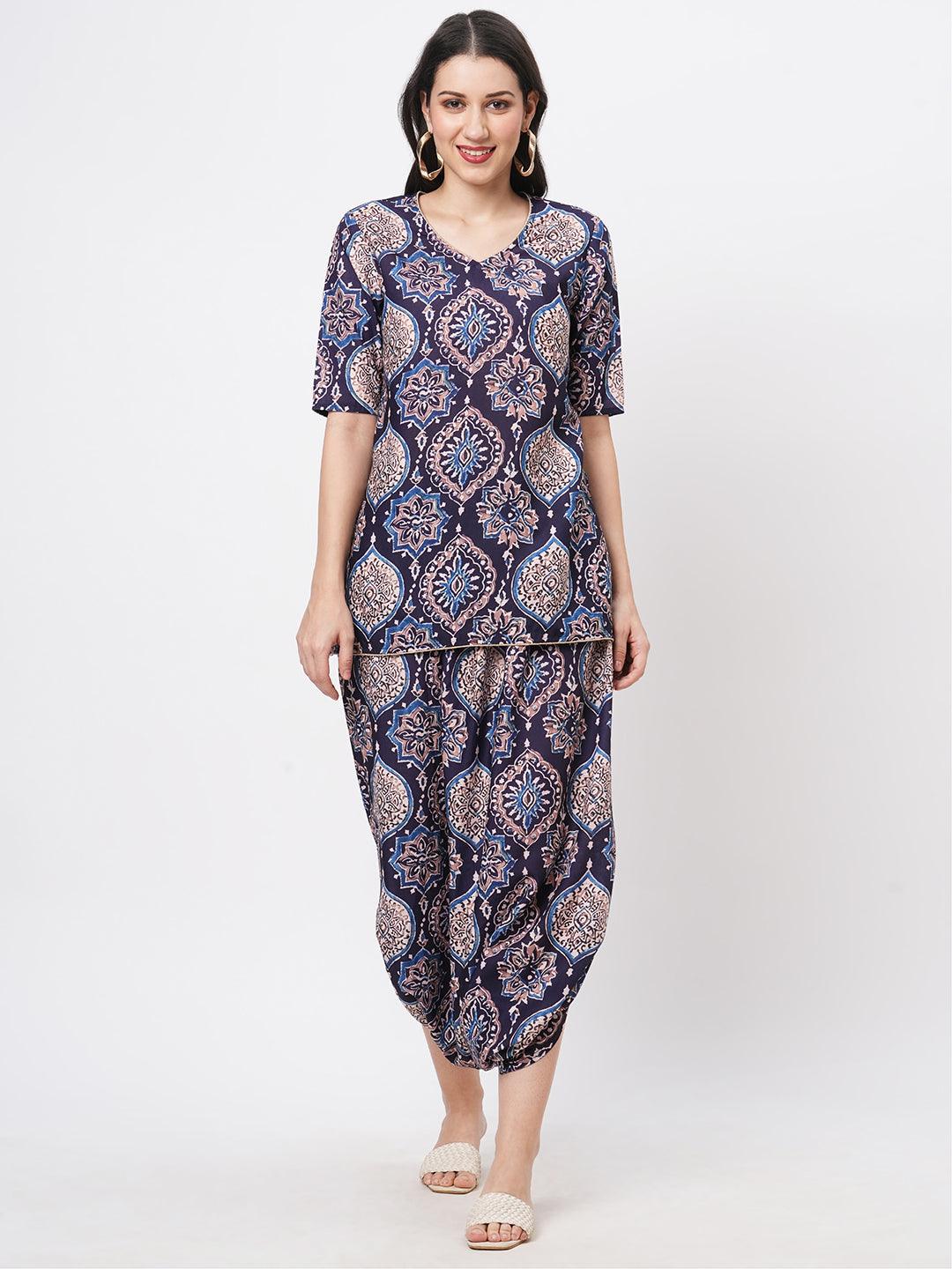 Hashtag Be Featuring a printed kurti set with stylised dhoti with slit