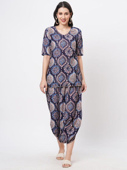 Hashtag Be Featuring a printed kurti set with stylised dhoti with slit