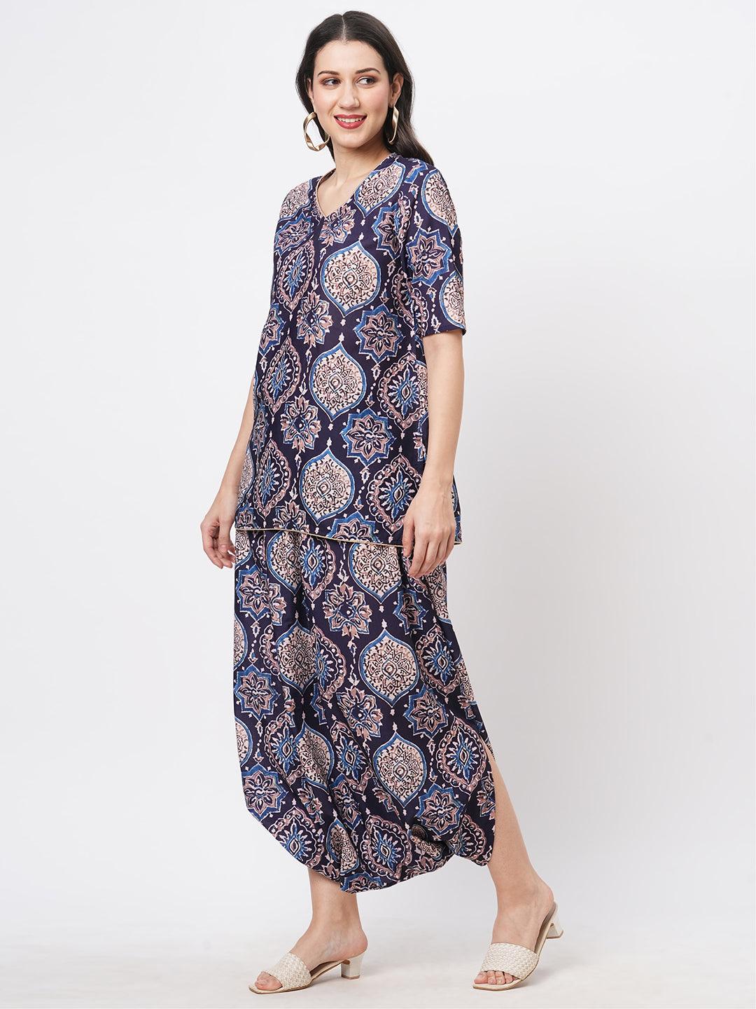 Hashtag Be Featuring a printed kurti set with stylised dhoti with slit
