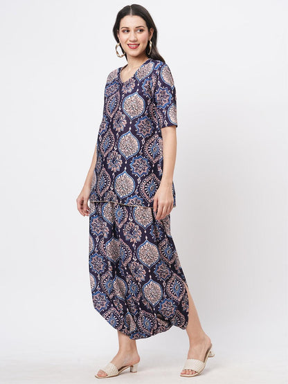 Hashtag Be Featuring a printed kurti set with stylised dhoti with slit