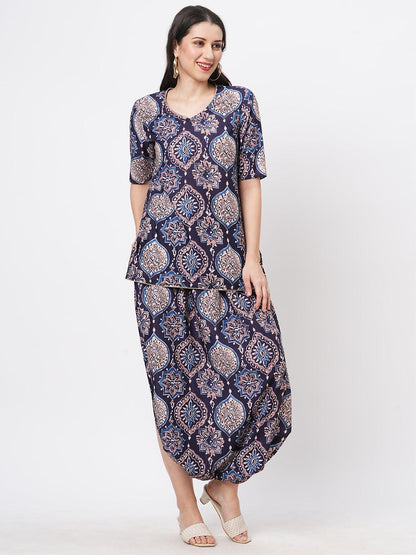 Hashtag Be Featuring a printed kurti set with stylised dhoti with slit