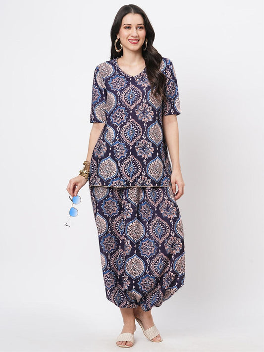 Hashtag Be Featuring a printed kurti set with stylised dhoti with slit