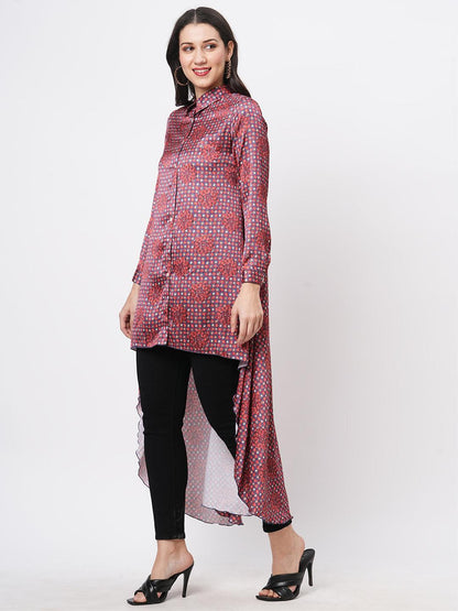 Hashtag Be high low front placket shirt in a relaxed fit and traditional earthy tone color