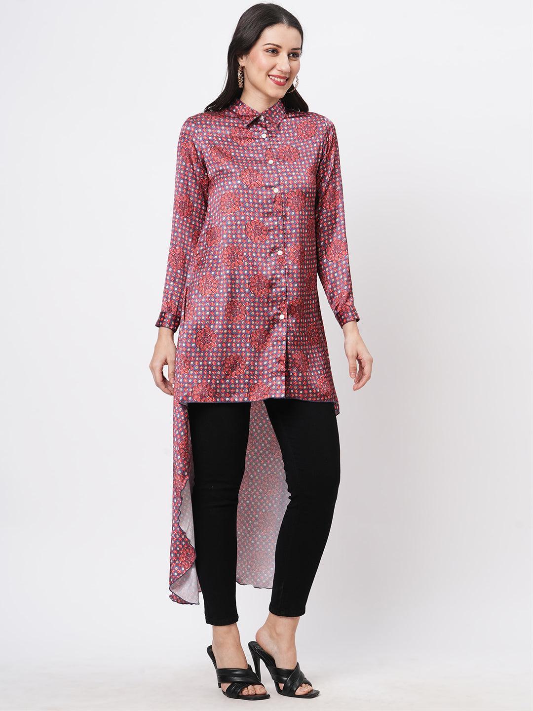 Hashtag Be high low front placket shirt in a relaxed fit and traditional earthy tone color