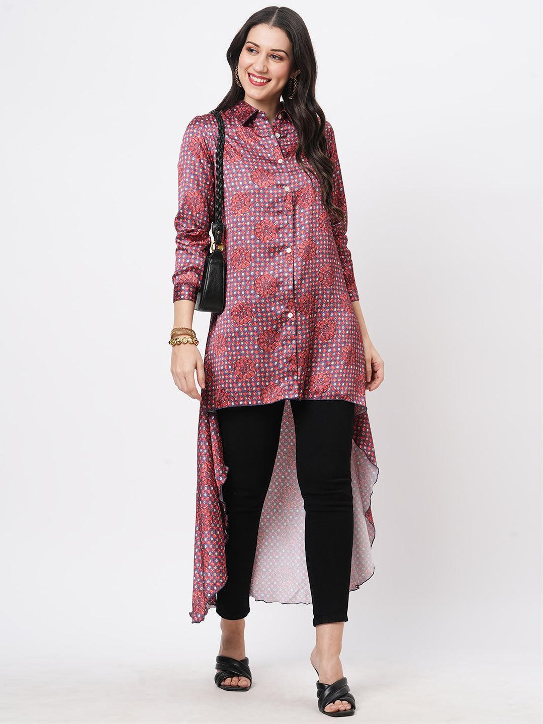 Hashtag Be high low front placket shirt in a relaxed fit and traditional earthy tone color