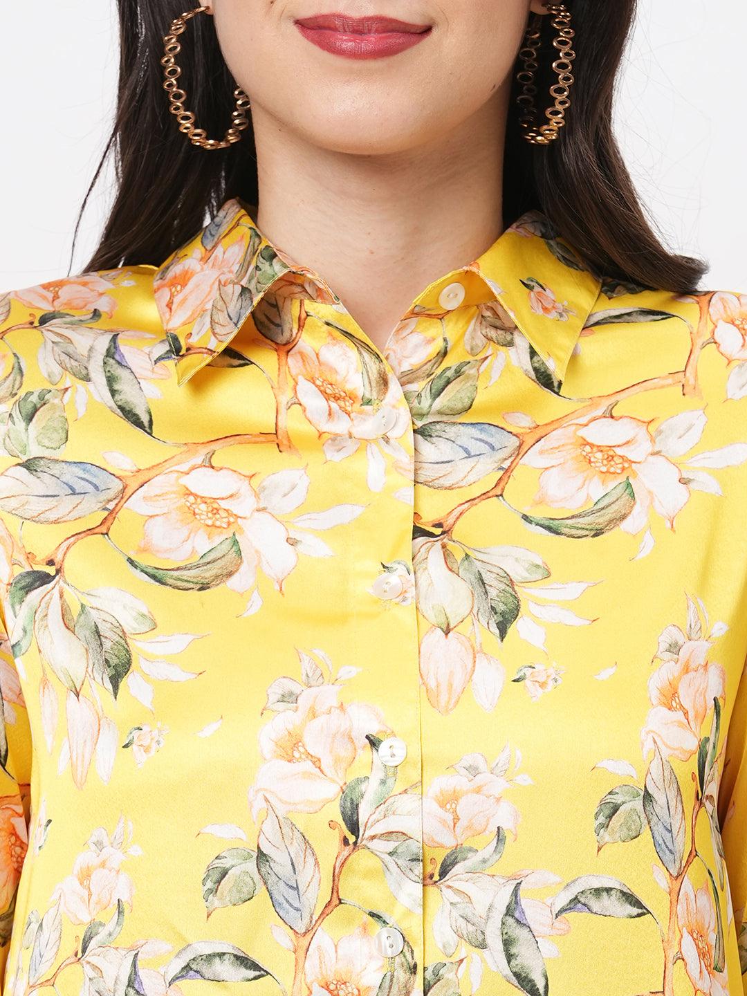 Hashtag Be high low front placket shirt in a relaxed fit in bright canary hue