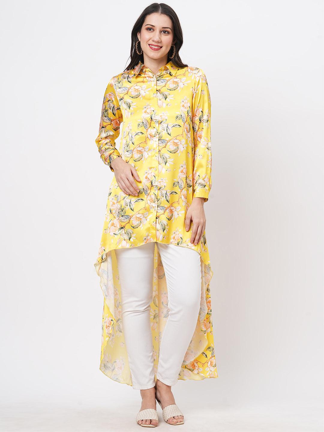Hashtag Be high low front placket shirt in a relaxed fit in bright canary hue
