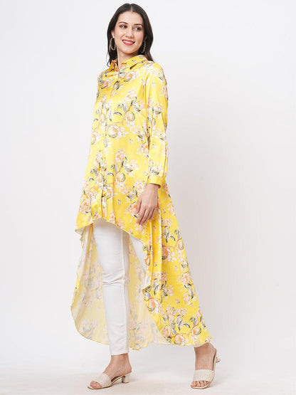 Hashtag Be high low front placket shirt in a relaxed fit in bright canary hue
