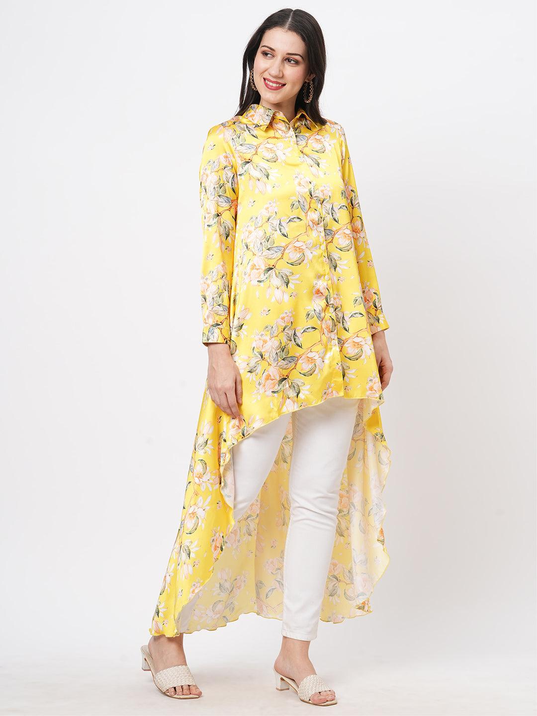 Hashtag Be high low front placket shirt in a relaxed fit in bright canary hue