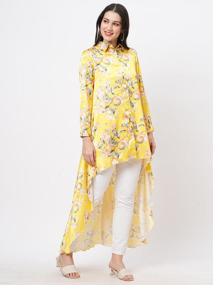 Hashtag Be high low front placket shirt in a relaxed fit in bright canary hue
