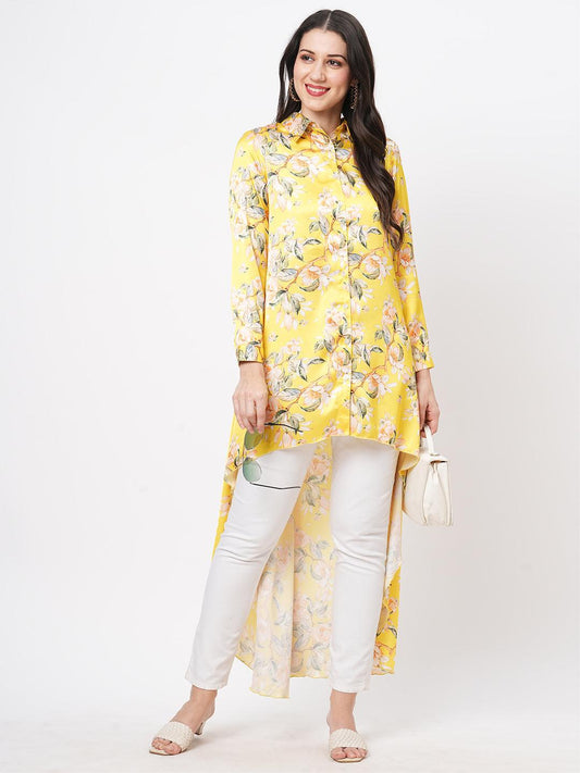 Hashtag Be high low front placket shirt in a relaxed fit in bright canary hue