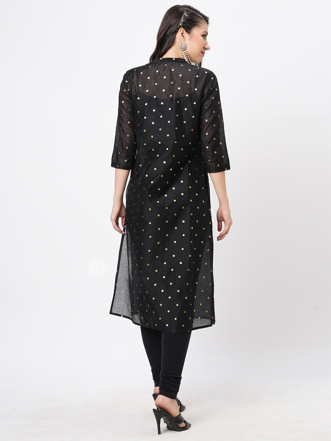 Hashtag Be Gold polka dotted black chanderi kurta with a cotton inner  and roll up sleeves.