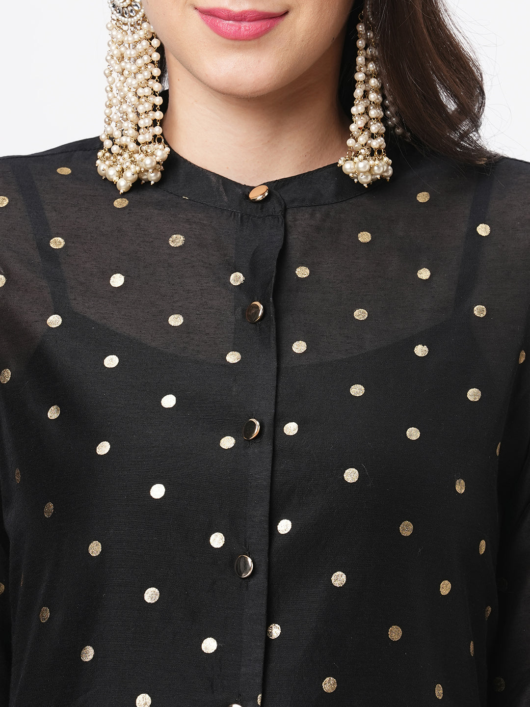 Hashtag Be Gold polka dotted black chanderi kurta with a cotton inner  and roll up sleeves.
