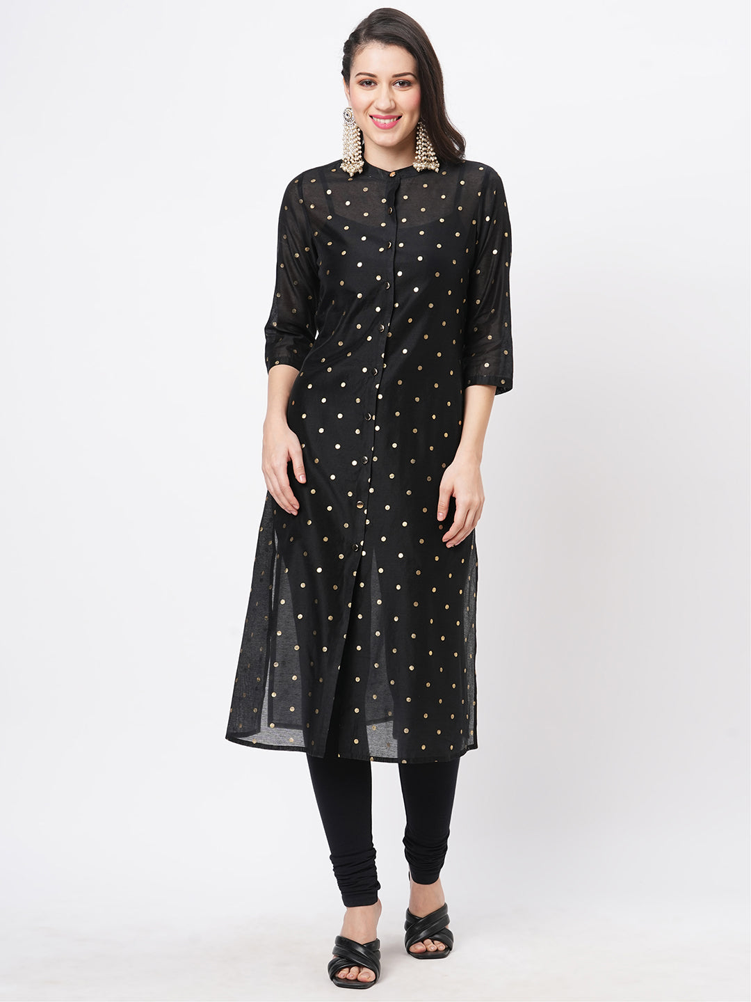 Hashtag Be Gold polka dotted black chanderi kurta with a cotton inner  and roll up sleeves.