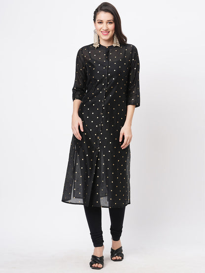 Hashtag Be Gold polka dotted black chanderi kurta with a cotton inner  and roll up sleeves.