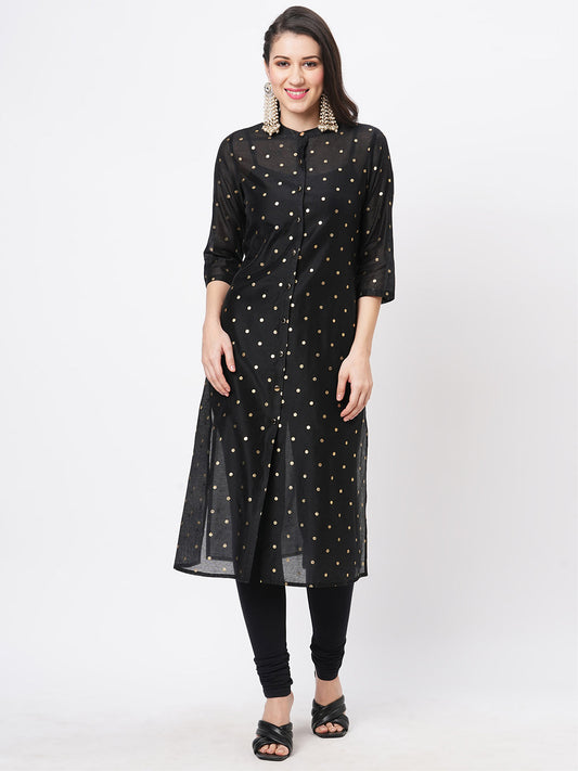 Hashtag Be Gold polka dotted black chanderi kurta with a cotton inner  and roll up sleeves.