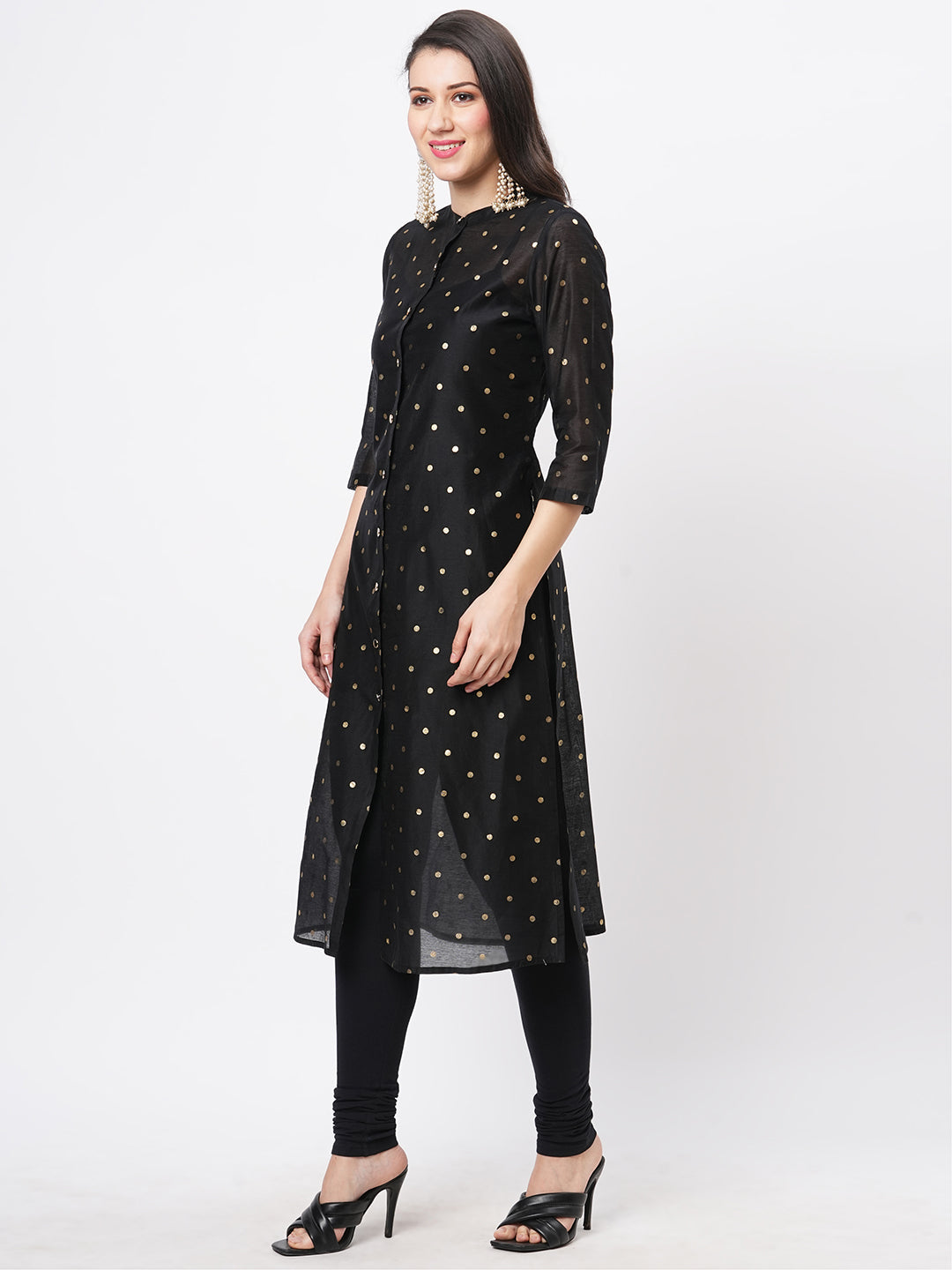 Hashtag Be Gold polka dotted black chanderi kurta with a cotton inner  and roll up sleeves.