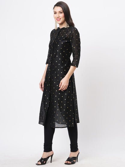 Hashtag Be Gold polka dotted black chanderi kurta with a cotton inner  and roll up sleeves.