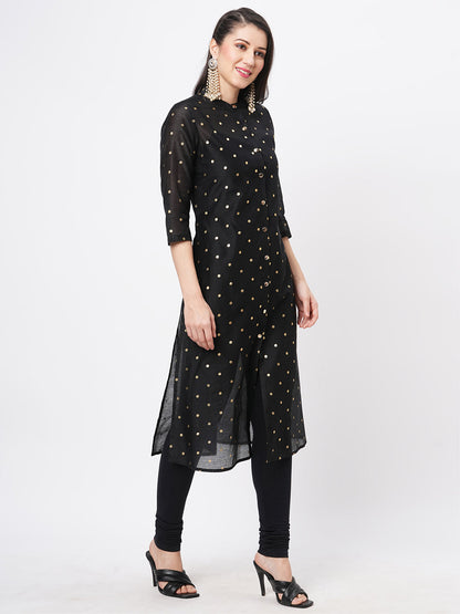 Hashtag Be Gold polka dotted black chanderi kurta with a cotton inner  and roll up sleeves.