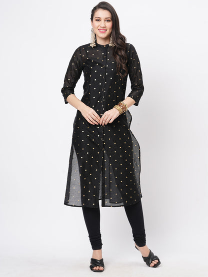 Hashtag Be Gold polka dotted black chanderi kurta with a cotton inner  and roll up sleeves.