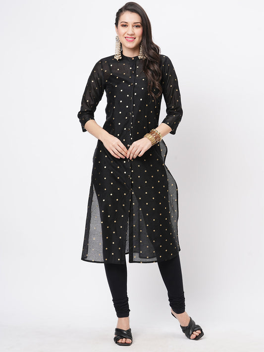 Hashtag Be Gold polka dotted black chanderi kurta with a cotton inner  and roll up sleeves.
