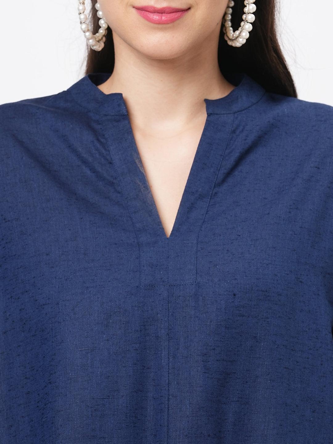 Hashtag Be Featuring a wide relaxed fit kaftan sleeve knee length dress in solid blue
