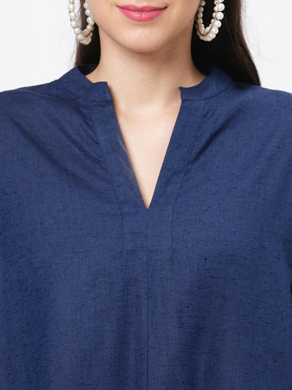 Hashtag Be Featuring a wide relaxed fit kaftan sleeve knee length dress in solid blue