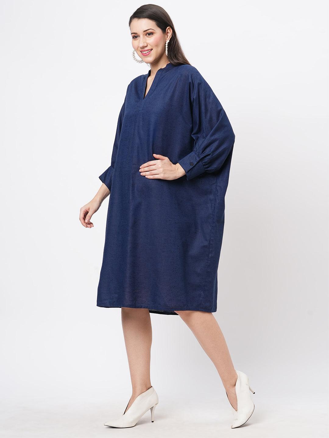 Hashtag Be Featuring a wide relaxed fit kaftan sleeve knee length dress in solid blue