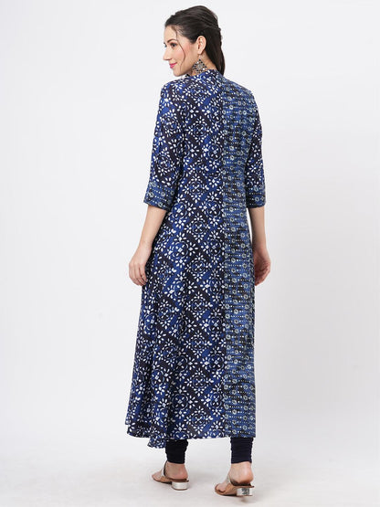 Hashtag Be Indigo two print long flared kurta complimenting each other with contrast color tassel at the neck.