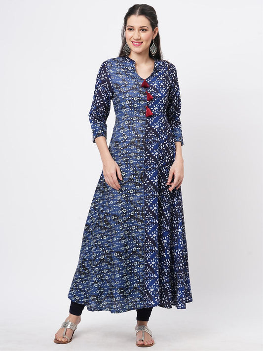 Hashtag Be Indigo two print long flared kurta complimenting each other with contrast color tassel at the neck.