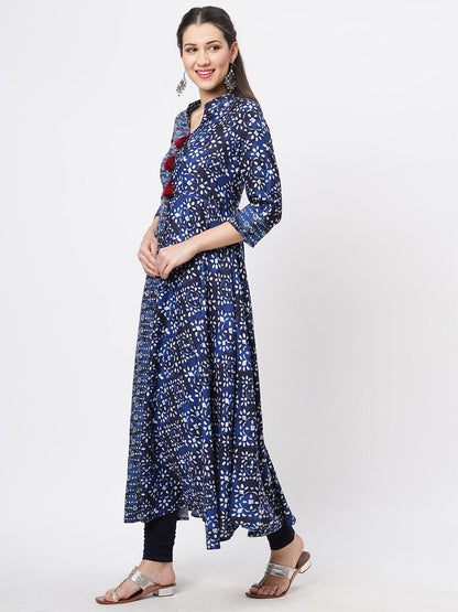 Hashtag Be Indigo two print long flared kurta complimenting each other with contrast color tassel at the neck.