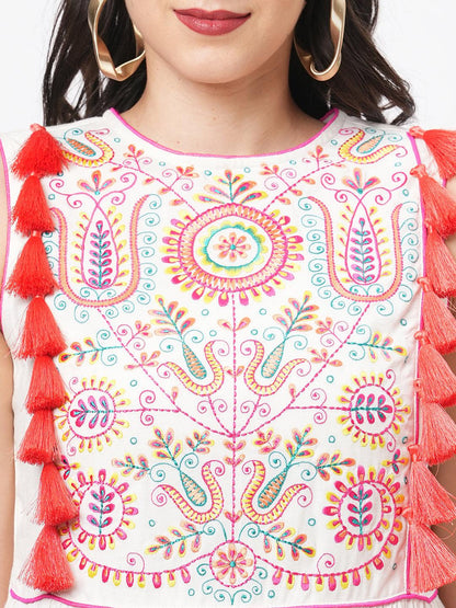 Hashtag Be Featuring a Offwhite boho calf length airy dress with tassel and embroidery