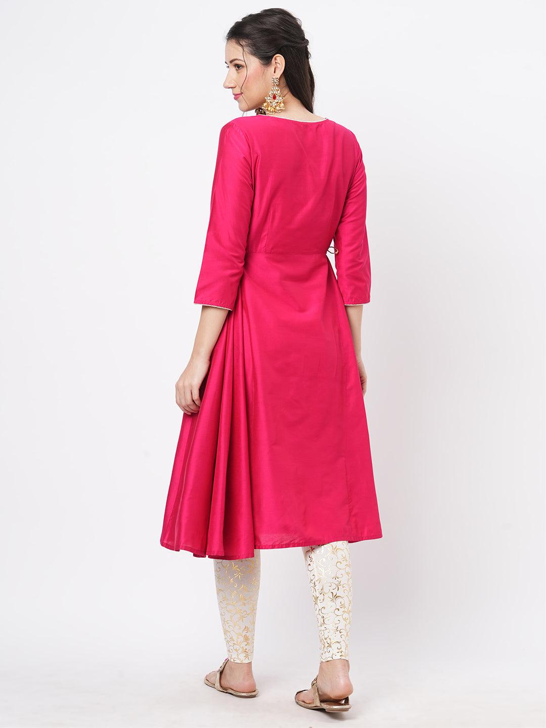 Hashtag Be Fuschia silk blend ethnic kurta with embroidery butta at the neck with gold chord tie up
