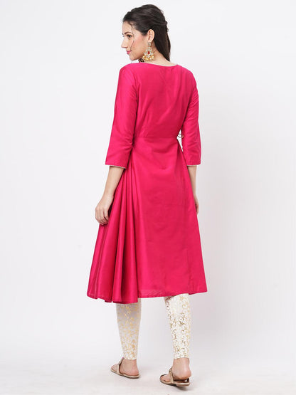 Hashtag Be Fuschia silk blend ethnic kurta with embroidery butta at the neck with gold chord tie up