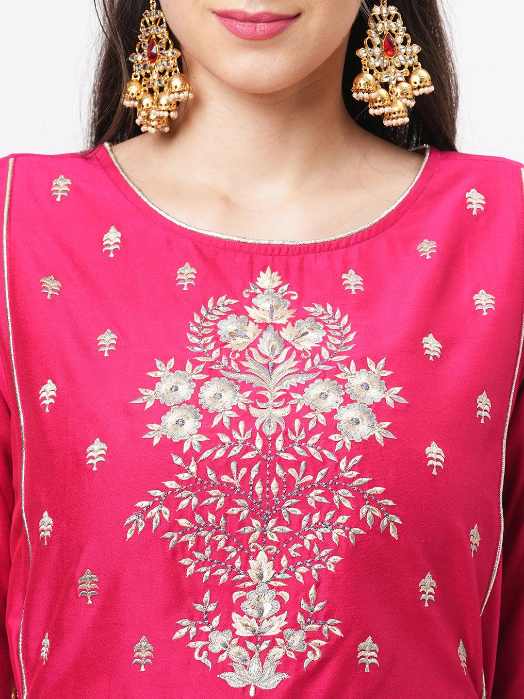 Hashtag Be Fuschia silk blend ethnic kurta with embroidery butta at the neck with gold chord tie up