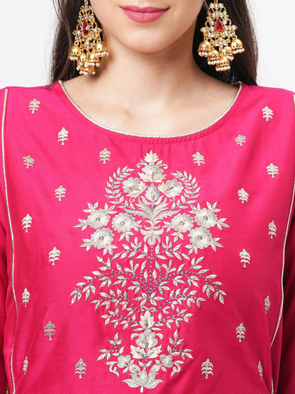Hashtag Be Fuschia silk blend ethnic kurta with embroidery butta at the neck with gold chord tie up