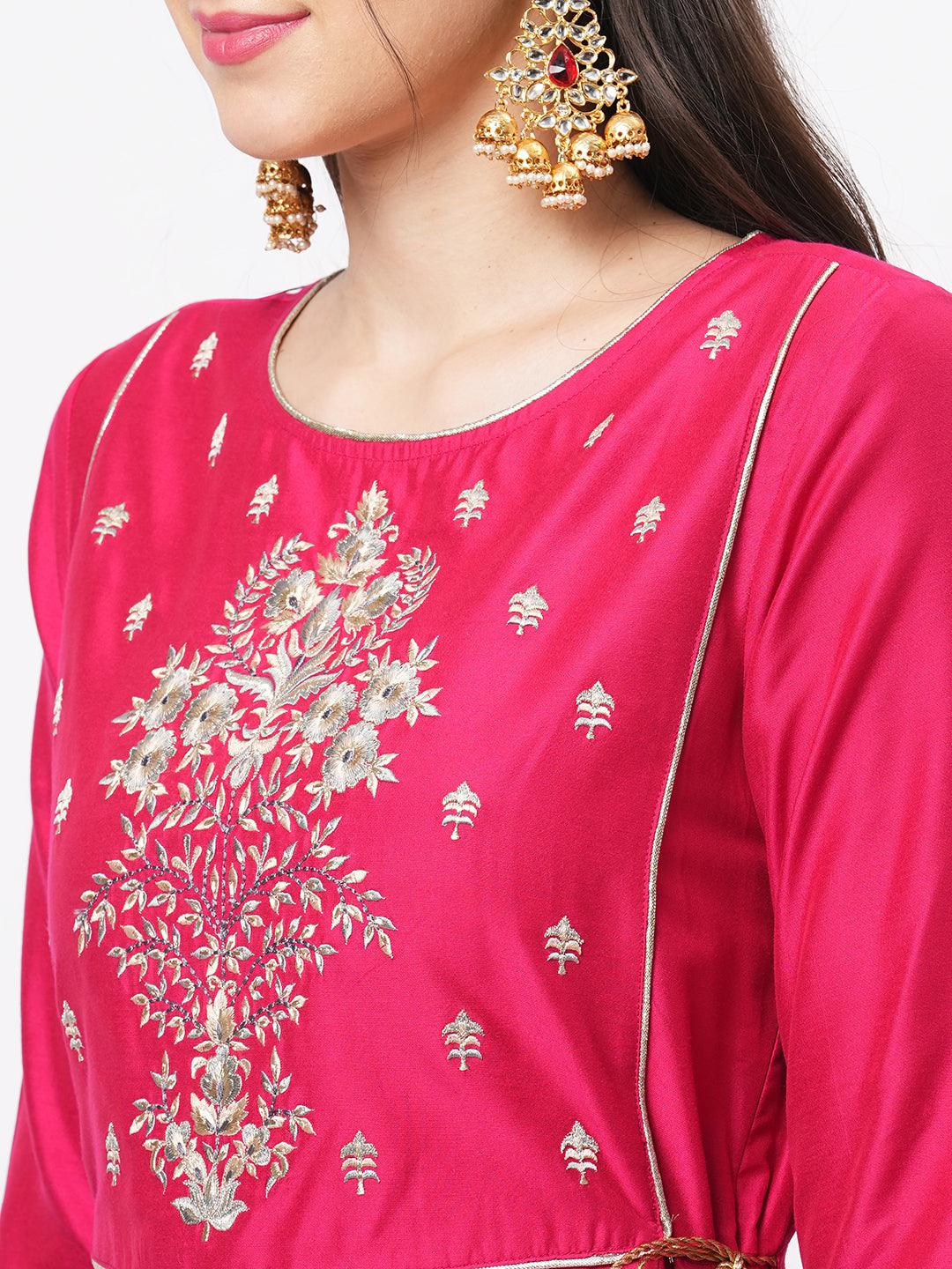 Hashtag Be Fuschia silk blend ethnic kurta with embroidery butta at the neck with gold chord tie up