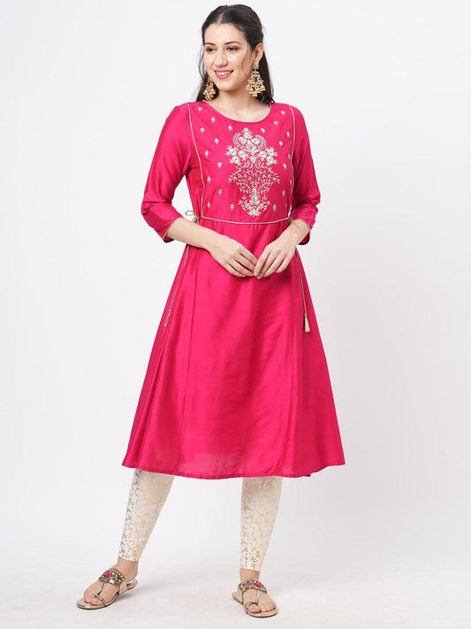 Hashtag Be Fuschia silk blend ethnic kurta with embroidery butta at the neck with gold chord tie up