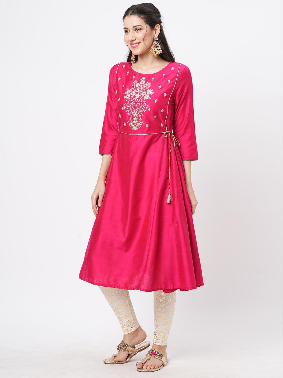 Hashtag Be Fuschia silk blend ethnic kurta with embroidery butta at the neck with gold chord tie up