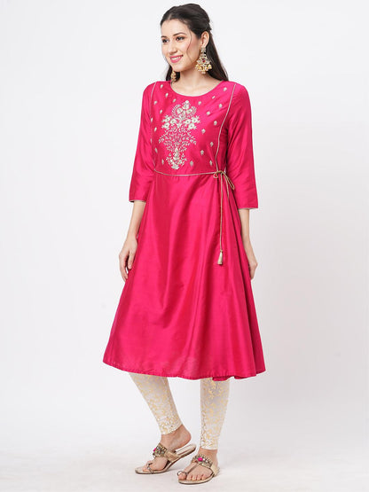Hashtag Be Fuschia silk blend ethnic kurta with embroidery butta at the neck with gold chord tie up